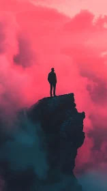 Silhouetted figure stands on jagged peak amid neon fog gradient