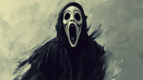 Hooded wraith screams amid swirling desaturated fog.