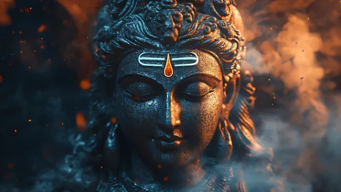 Sacred stone face in glowing embers and drifting prayerful mist.