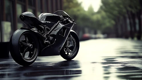 Futuristic sport motorcycle on wet city street at dusk.