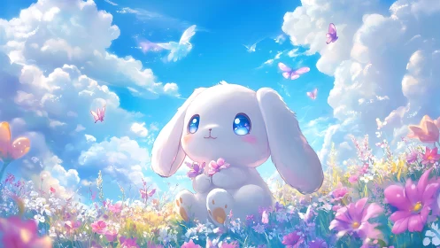 Soft white bunny in pastel flower meadow under sky.