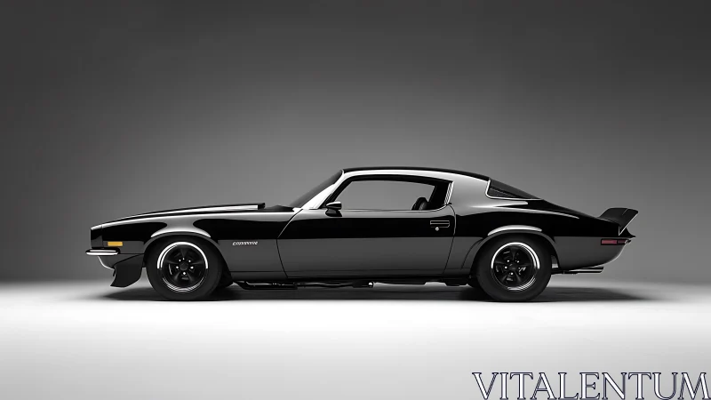 Sleek black muscle car stands in minimalist studio light.