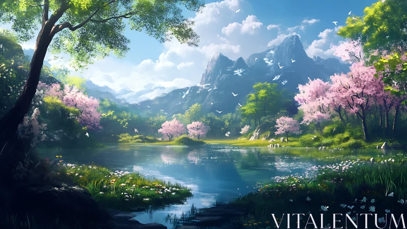 Spring mountains glow above a tranquil cherry blossom lake