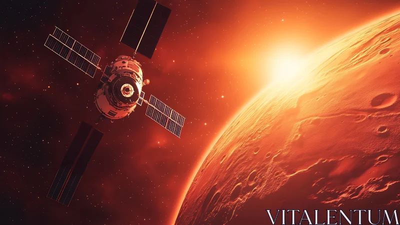 Heliocentric orbital probe surveying cratered Martian terminator.