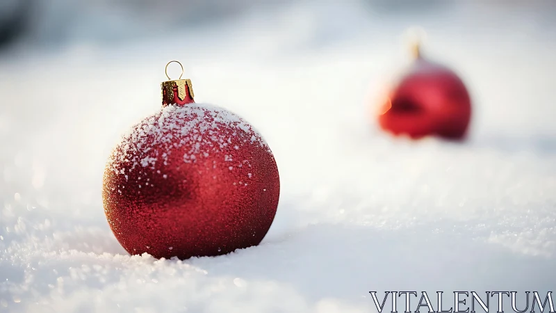 Red Christmas baubles resting on clean winter snow.