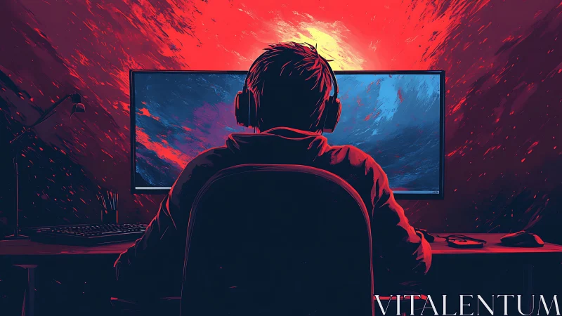 Backlit gamer at ultrawide monitor in red-blue contrast field.