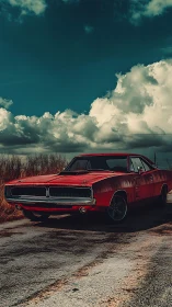Red vintage muscle car on rural road under cloudy sky.
