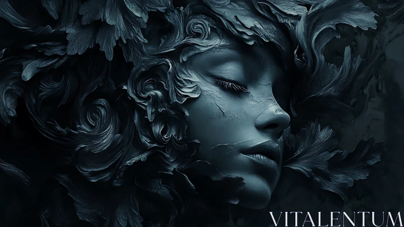 Silent stone muse wrapped in swirling dark petals.