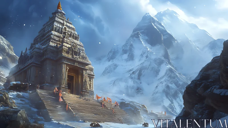 Sacred mountain temple glowing softly in the snowy highlands.