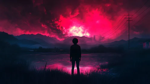 Silhouetted figure before neon storm over reflective lake at dusk.