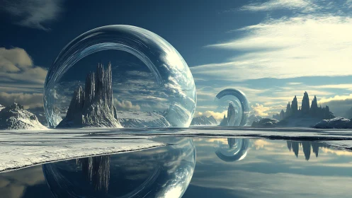 Crystal portals rise above a frozen alien seascape at dusk.