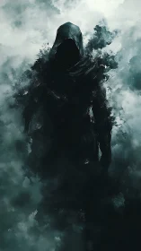 Hooded shadow figure emerging within dense pale mist.