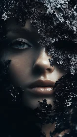 Mystical face emerges gently from glistening dark fragments