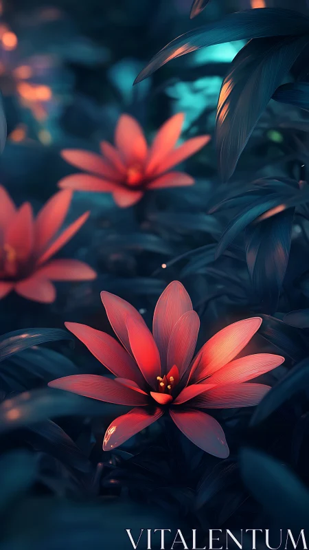 Red flowers glow against dark teal foliage