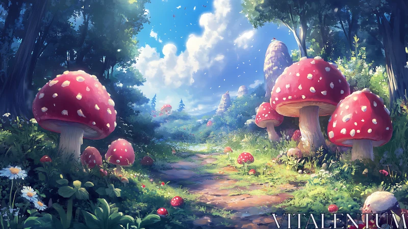 Sunlit forest path winds through giant red toadstools