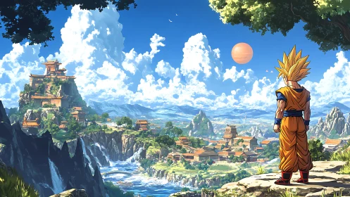 Golden-haired warrior quietly surveys a bright valley kingdom