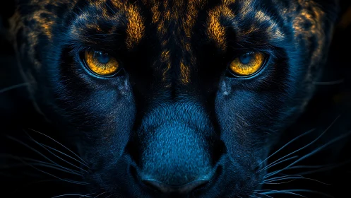 Feline Portrait With Luminous Eyes Against Dark Background.