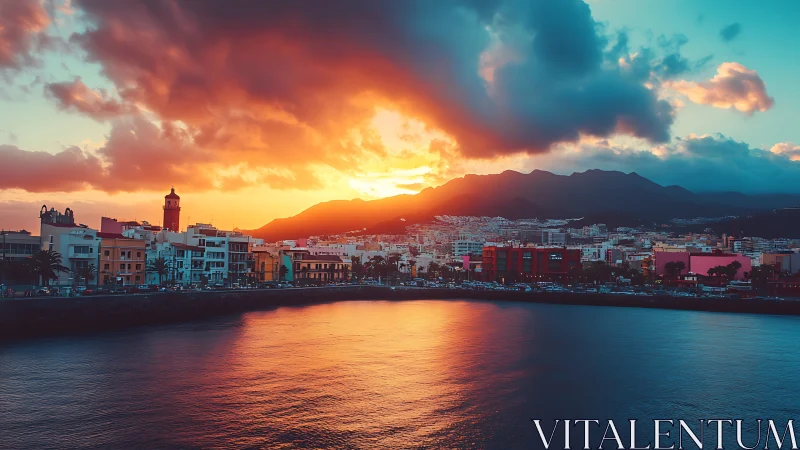 Coastal city skyline under high-saturation sunset cloud dynamics