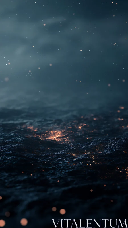 Dark ocean surface with scattered orange luminous particles.
