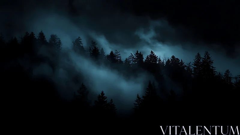 Nocturnal conifer ridge veiled in cinematic blue fog.