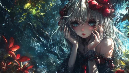 Girl with floral headpiece stands in reflective water environment