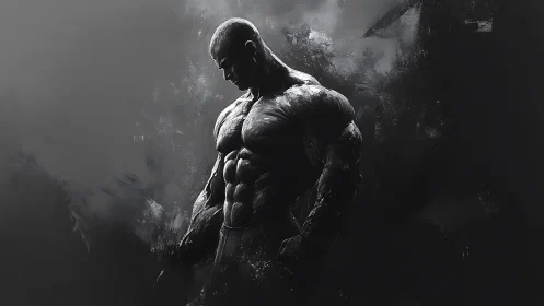 Solitary muscular figure stands in stark monochrome haze