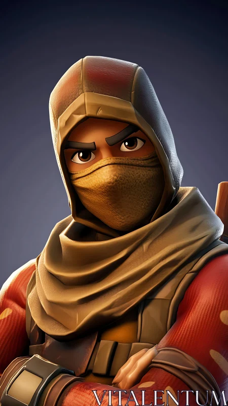 Hooded masked warrior stares forward with folded arms