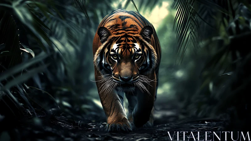 Predatory tiger stalks shadowed jungle path at twilight.