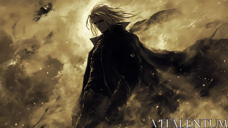 Solitary anime figure in dark coat amid swirling smoke.