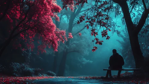 Chromatic forest bench under cyan mist and scarlet canopy.