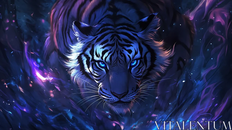 Mystic blue tiger walks through swirling cosmic night light