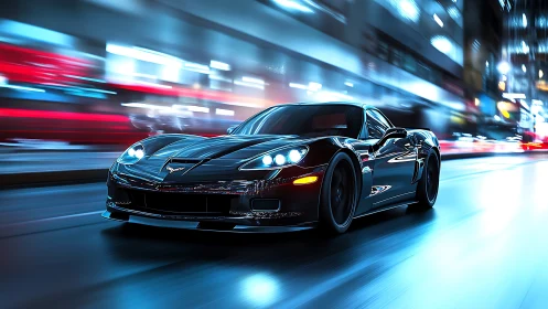 Midnight black sports car racing through neon city streets.