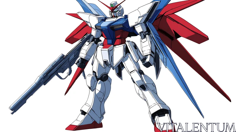 Heroic mecha stands ready in bold red, white and blue armor