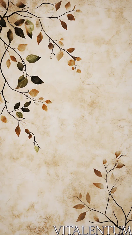 Delicate autumn branches curve over a textured parchment ground