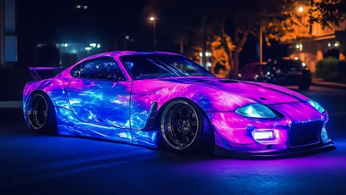 Neon night street car glowing with cosmic purple energy.