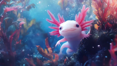 Bioluminescent axolotl rendered in shallow macro underwater scene