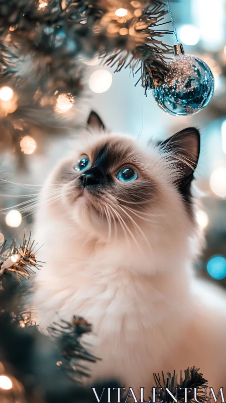 Sapphire Gaze: Festive Feline's Luminous Winter Dream.