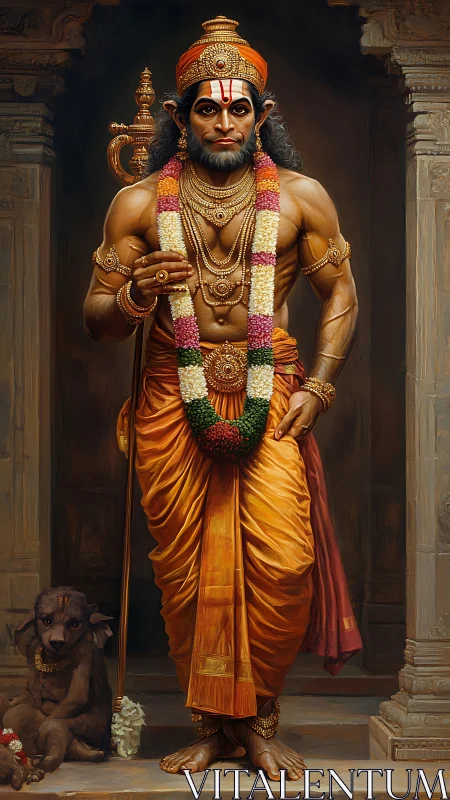 Mythic warrior deity in draped saffron regalia and ornaments.