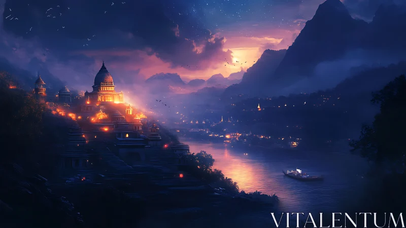 Riverside temple city at dusk with illuminated tiered domes