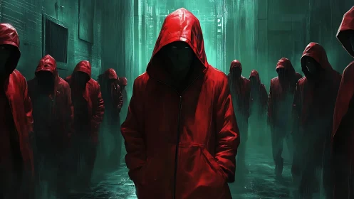 Hooded figures in red coats advance through misted alley
