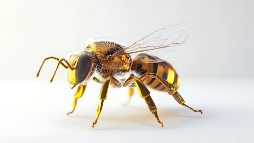 Golden glasslike bee sculpture glows in soft white light