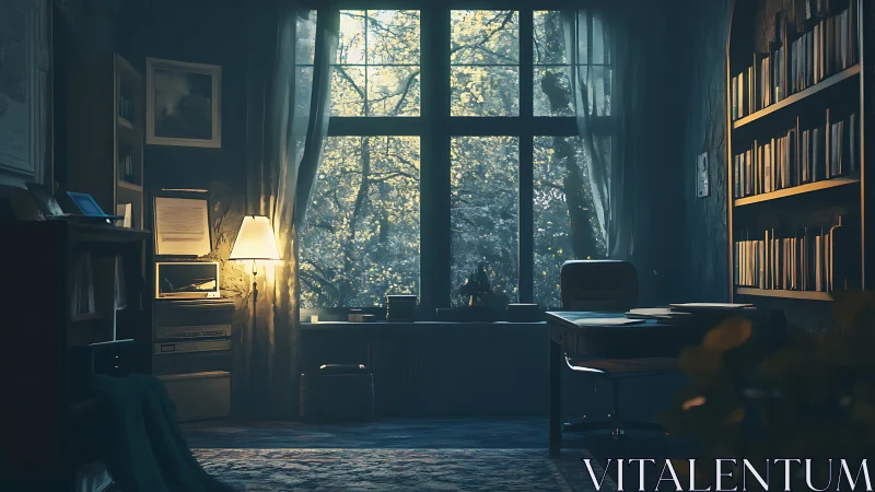 Dim home study with large window and organized shelving.