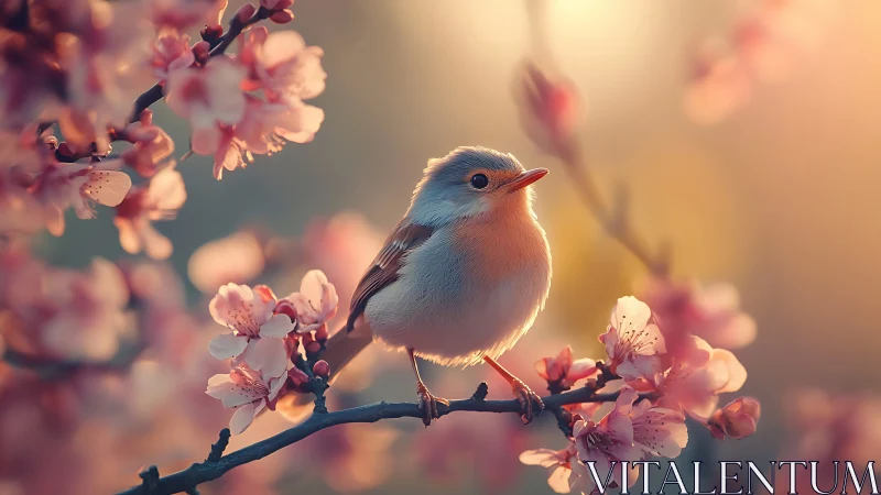Songbird's Dawn Among Blossoms in Golden Light.