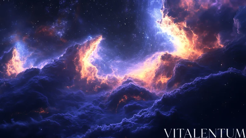 Cosmic storm clouds glow with gentle fire across deep space