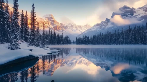Snowy mountain lake with pine forest at sunrise reflection.