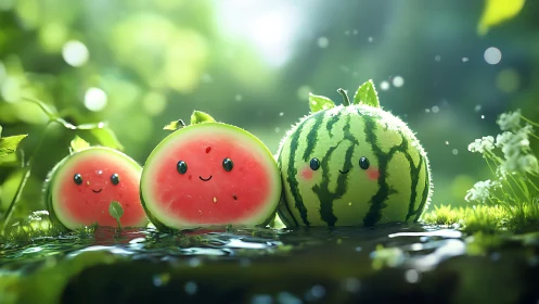 Kawaii watermelon trio in luminous forest creek scene.