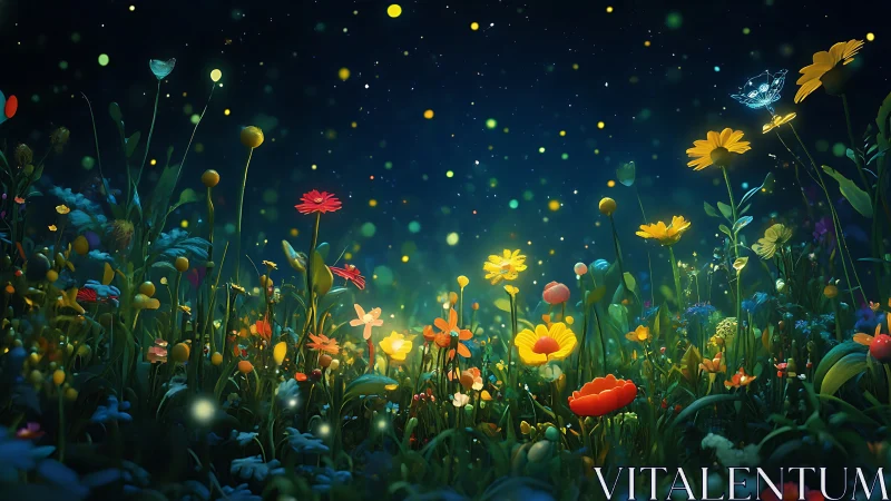 Enchanted wildflower meadow glowing under starry night sky.