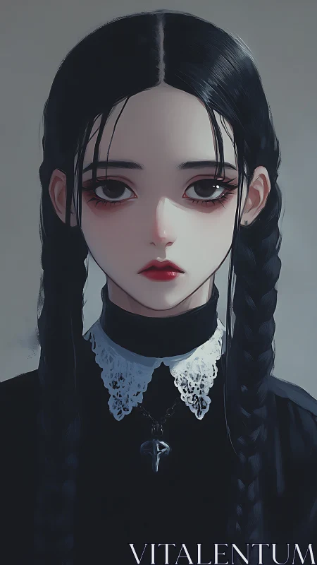 Gothic braided girl portrait with monochrome lace collar.