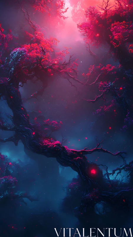 Bioluminescent crimson canopy in axial fog-scattered forest.