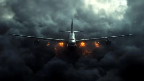 Jetliner cuts through storm clouds as engines burn fiercely.